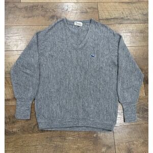 Vintage 70s Lacoste Izod V Neck Embroidered Blue Crocadile Sweater Grey Medium